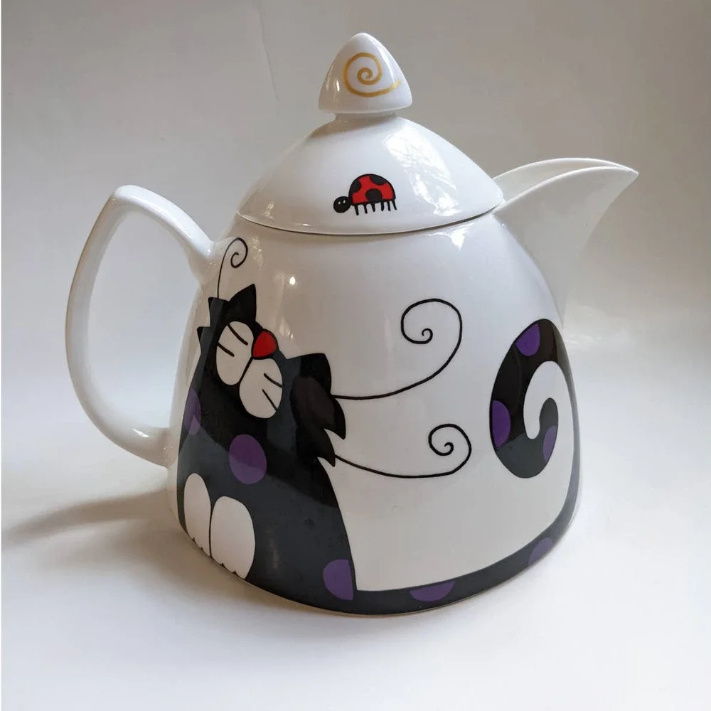 Vintage 90's Y2K Cat Teapot, Bone China with Art Deco Black & White‎ Cat Design